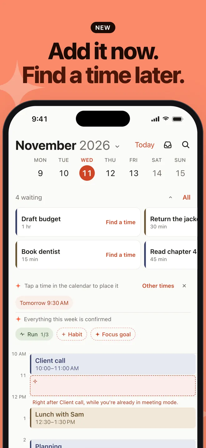 Nooktide Later list with waiting tasks, each with a Find a time button, and a time suggestion after a client call