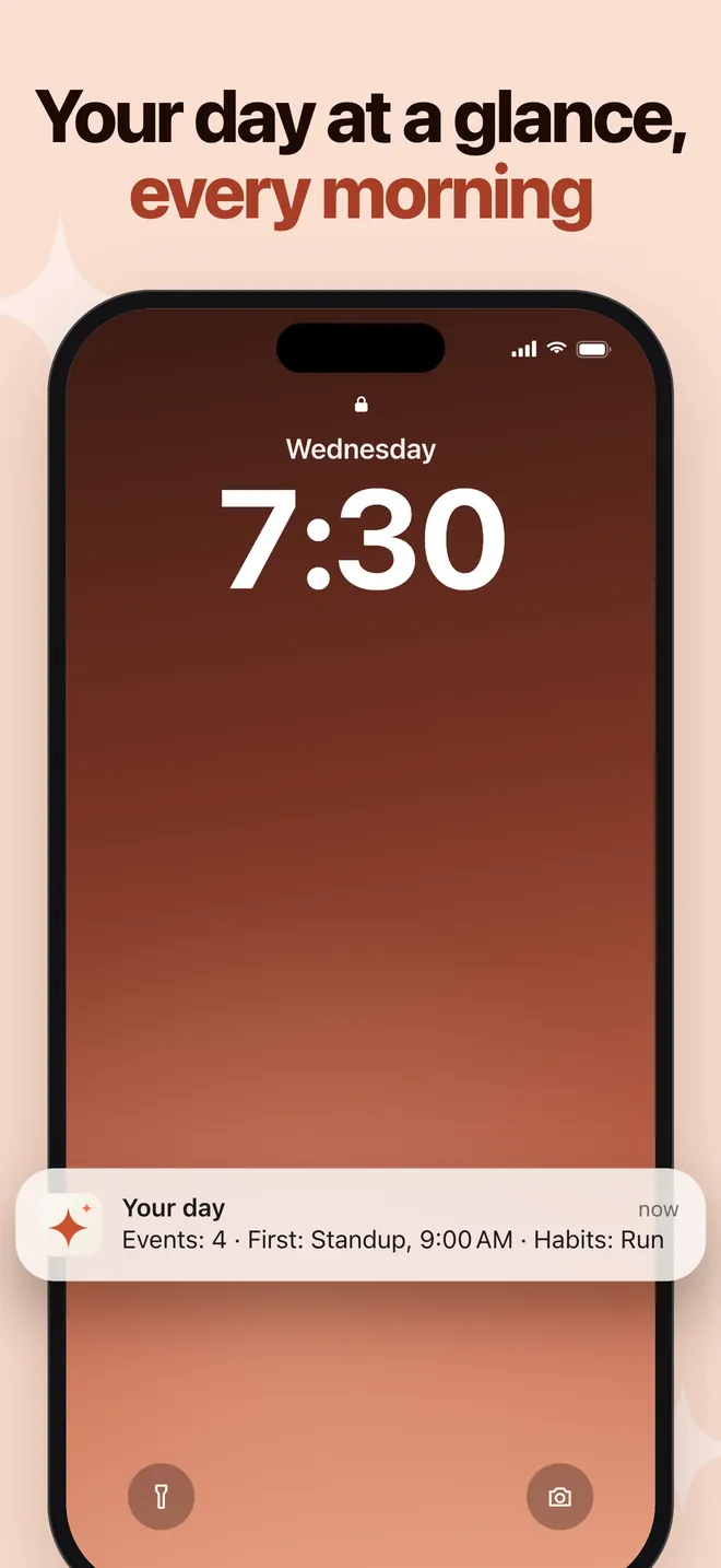 iPhone Lock Screen with a Nooktide morning summary notification listing events, the first event and habits