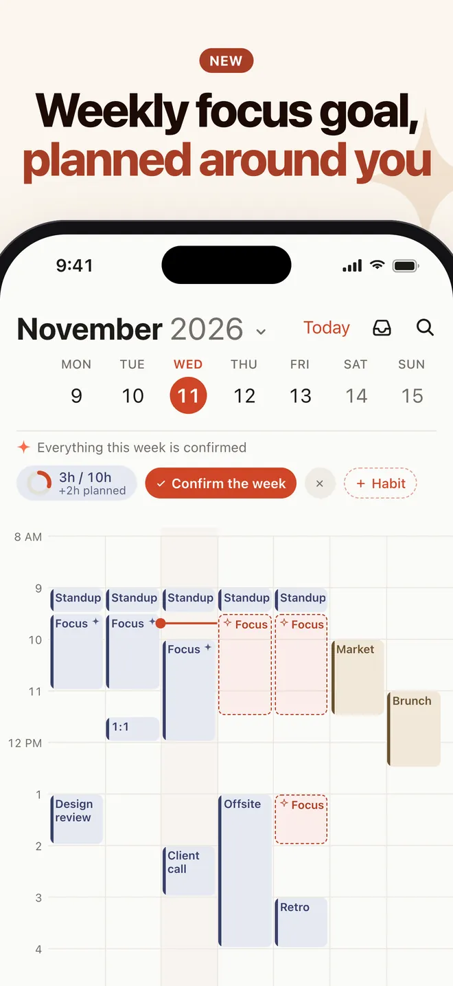 Nooktide weekly focus goal showing 3h of 10h with a Confirm the week button and focus blocks in the week view