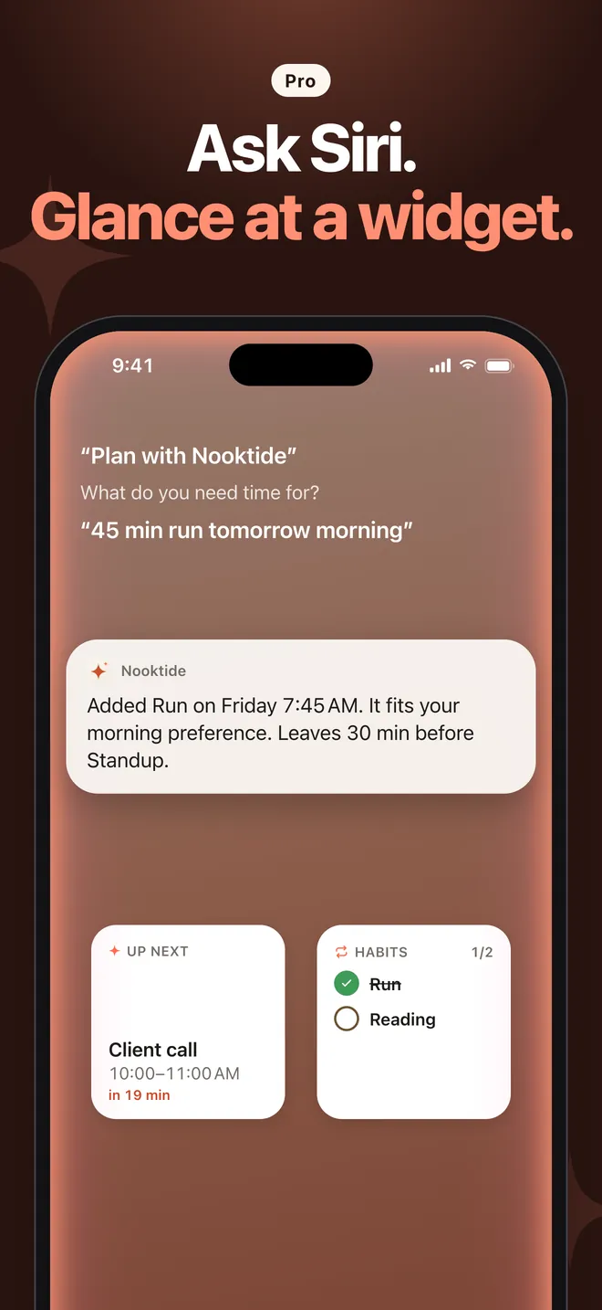 Siri planning a 45-minute run with Nooktide, next to an Up next widget and a Habits widget