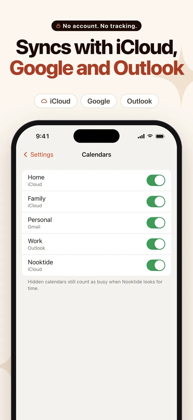 Nooktide Calendars settings with iCloud, Google and Outlook calendars turned on