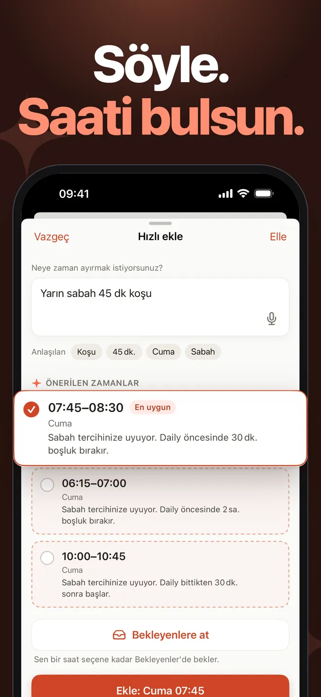 Nooktide hızlı ekleme ekranı: yazılan '45 dk koşu yarın sabah' isteği için gerekçeli üç saat önerisi