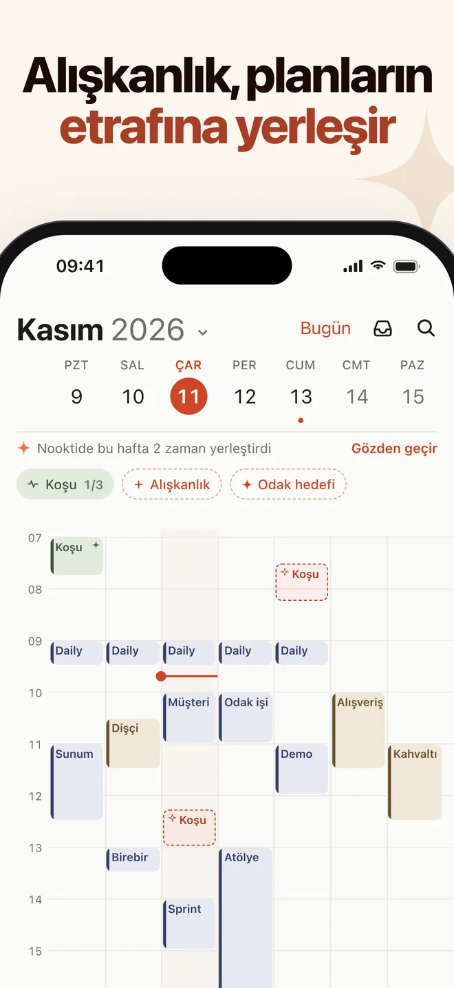 Nooktide hafta görünümü: toplantıların etrafına yerleşen alışkanlık seansları ve Koşu 1/3 alışkanlık etiketi