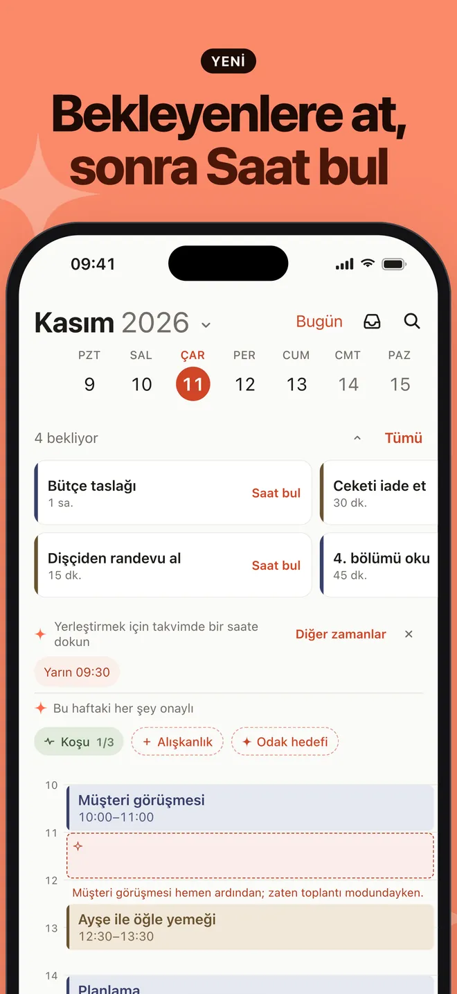 Nooktide Bekleyenler listesi: her görevin yanında Saat bul düğmesi ve bir müşteri görüşmesinden sonra gelen saat önerisi