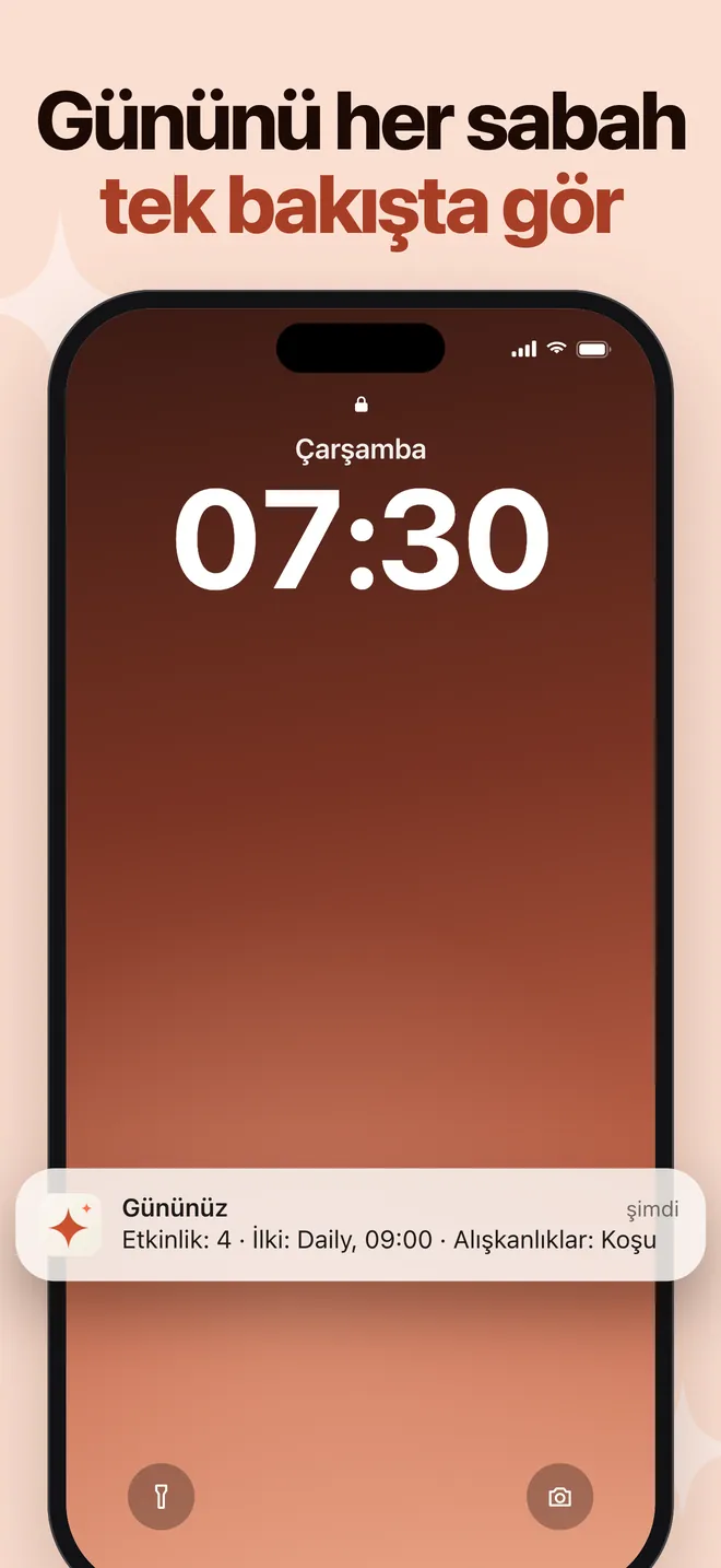 iPhone Kilit Ekranı'nda Nooktide sabah özeti bildirimi: etkinlikler, ilk etkinlik ve alışkanlıklar