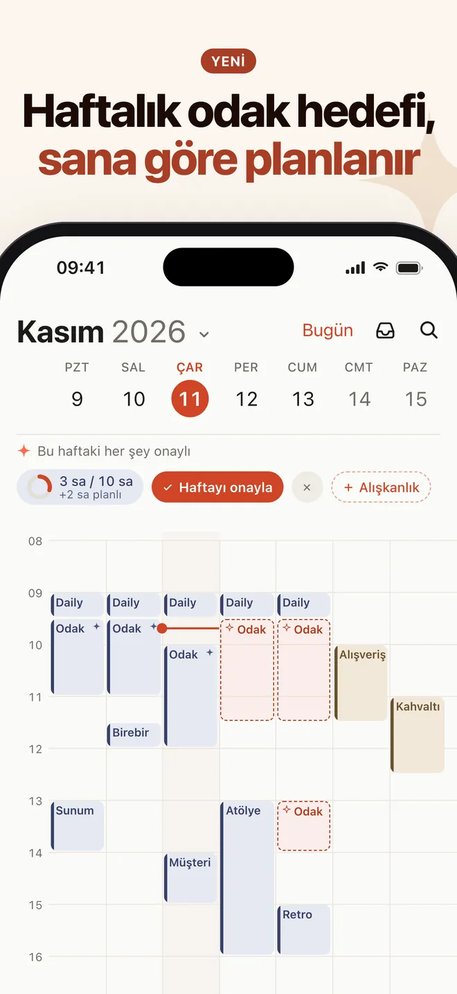 Nooktide haftalık odak hedefi: 10 saatin 3'ü planlandı, Haftayı onayla düğmesi ve hafta görünümünde odak blokları