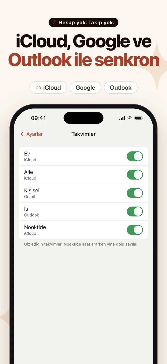 Nooktide Takvimler ayarları: iCloud, Google ve Outlook takvimleri açık